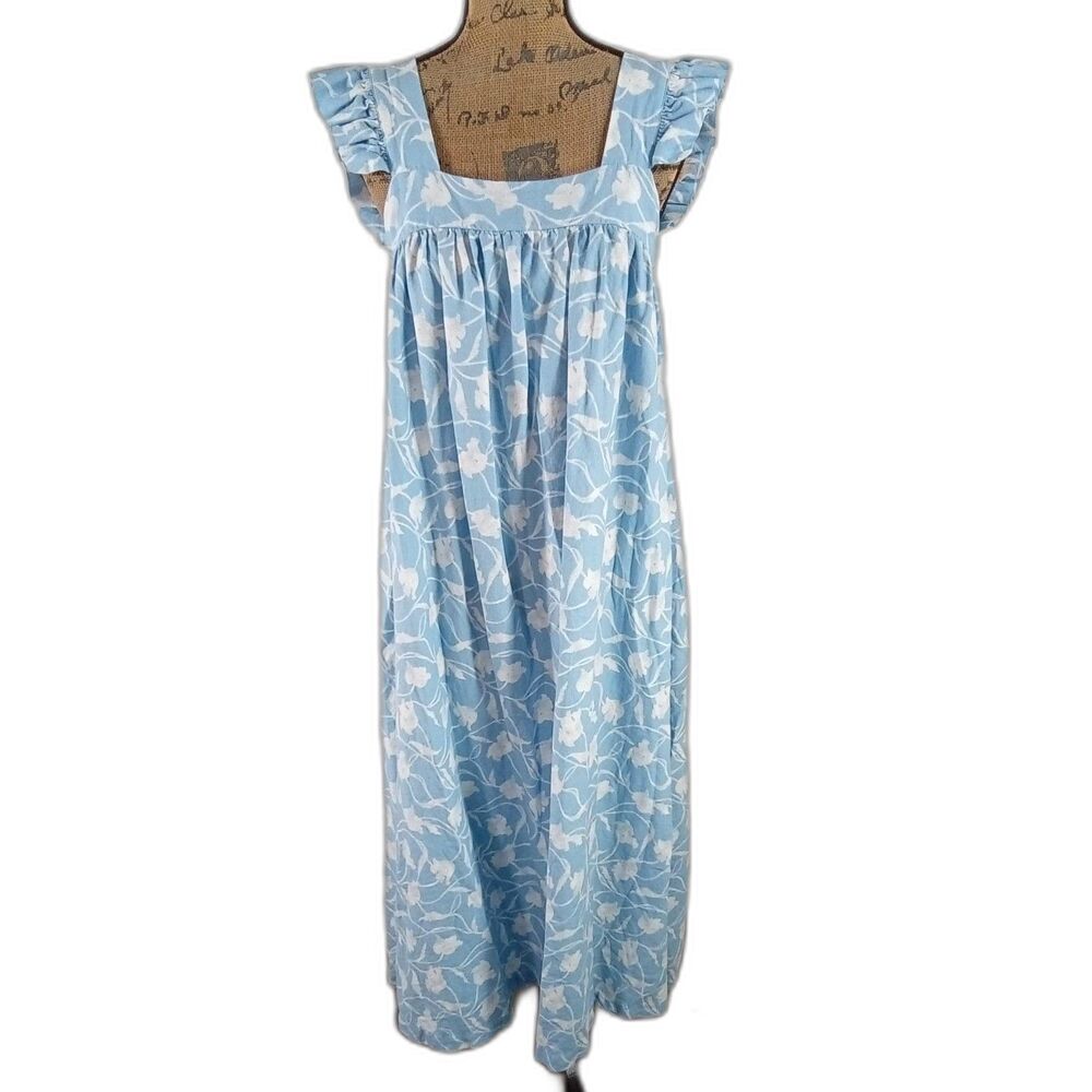 a.n.a. Women Dress M Blue White Tulip Ruffle Sl Shift Pocket Linen Elastic Back